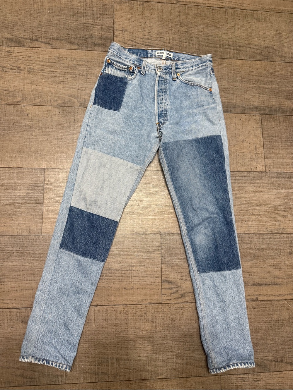 Re/Done Two-Tone Patchwork Blue Straight Jeans